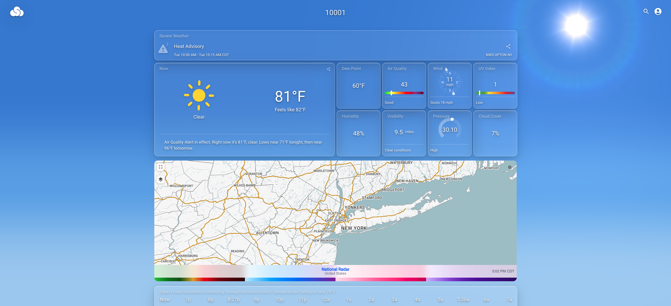 Smarter Weather app showing current conditions, severe weather alerts, and live radar for New York